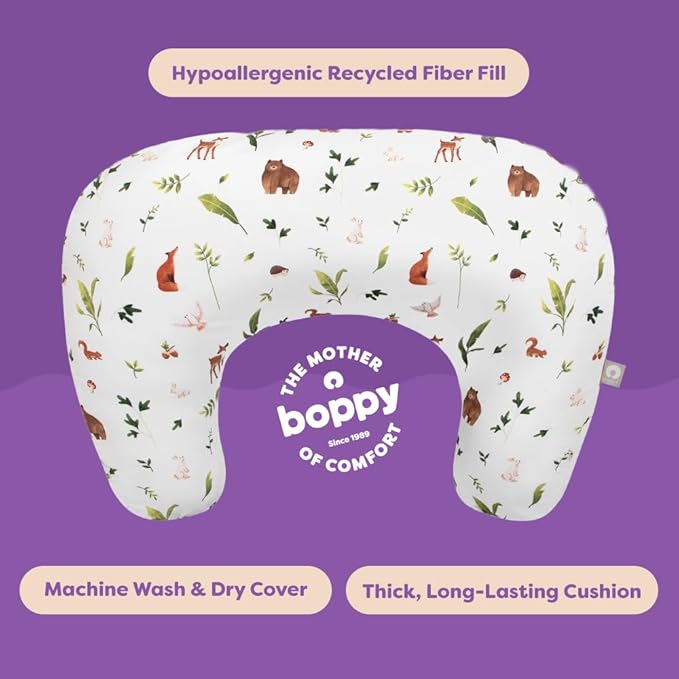 Boppy Nursing Pillow - Firm, Ergonomic U-Shaped Bottle and Breastfeeding Pillow with High Lift for Comfort and Support, Spacious Surface - Neutral Plants and Animals