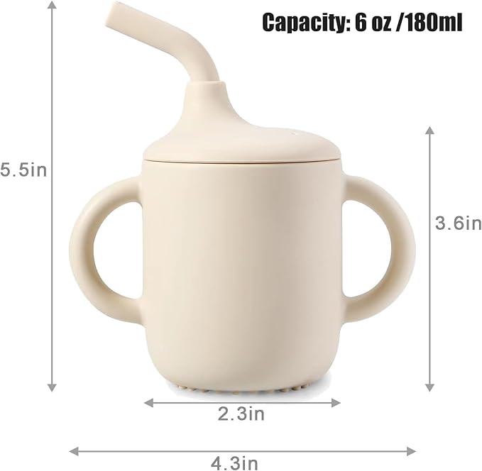 PandaEar 2 Pack 100% Tiny Silicone Drinking Training Cup with Handles & Straw for Baby and Toddler (White Blue)