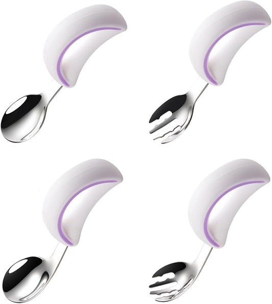 kids cutlery and Spoon Utensil Set, 4 Pack Silicone Stainless Steel Spoon Fork for Babies Toddler (Purple Set)