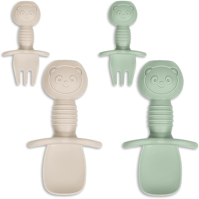 2 PCS Baby Silicone Spoons Infant, Toddler, & Kid Friendly Utensils - First Stage, Baby Led Weaning - 4 Pack Utensil Set (Green + Beige)