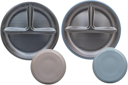 Stainless Steel Suction Plates for Babies & Toddlers ??2 Pack Divided Baby Plates with Strong Suction Base ??Unbreakable Non-Toxic Baby Led Weaning Feeding Set ??BPA Free, Dishwasher Safe