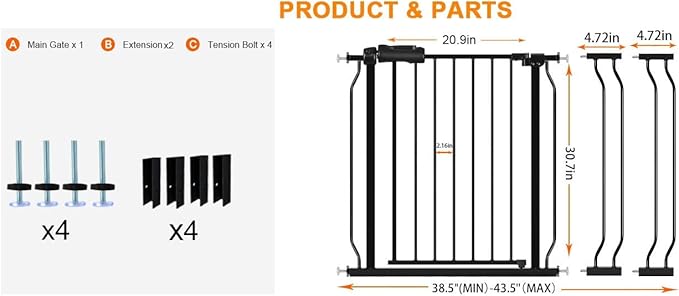 HOOEN Wide Baby Gates for Doorway Stairs 30" Tall 38.5-43.5 Inch Wide Indoor Child Gate for Kid or Pet Dogs Walk Through Pressure Mounted Baby Dog Gate