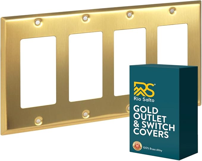Rio Salto BRASS Signature Collection Metal Gold Quad Decorator Receptacle Metal Wall Plate Cover Light Switch Quad Rocker Decorator Wallplate Covers 4 Gang Brushed Brass 4-Gang Standard Size