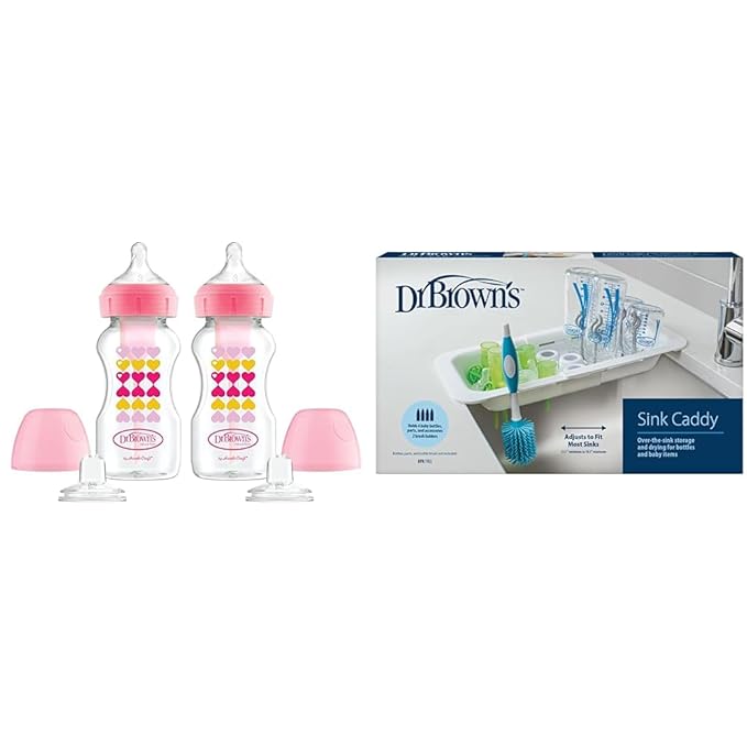 Dr. Brown’s Anti-Colic Options+ Wide-Neck Sippy Starter Kit, 9oz, Pink, 2-Pack + Dr. Brown's Sink Caddy for Baby Bottles and Part Over The Sink Kitchen Storage, Drying Rack, and Organizer, BPA-Free
