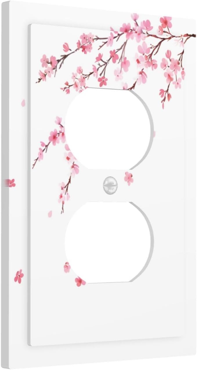 Watercolor Cherry Blossoms Flowers Pink Floral Outlet Covers 1 Gang Duplex Light Switch Cover Decorative Switch Plates Electrical Receptacle Faceplate Wall Plate for Bedroom Living Room Decor