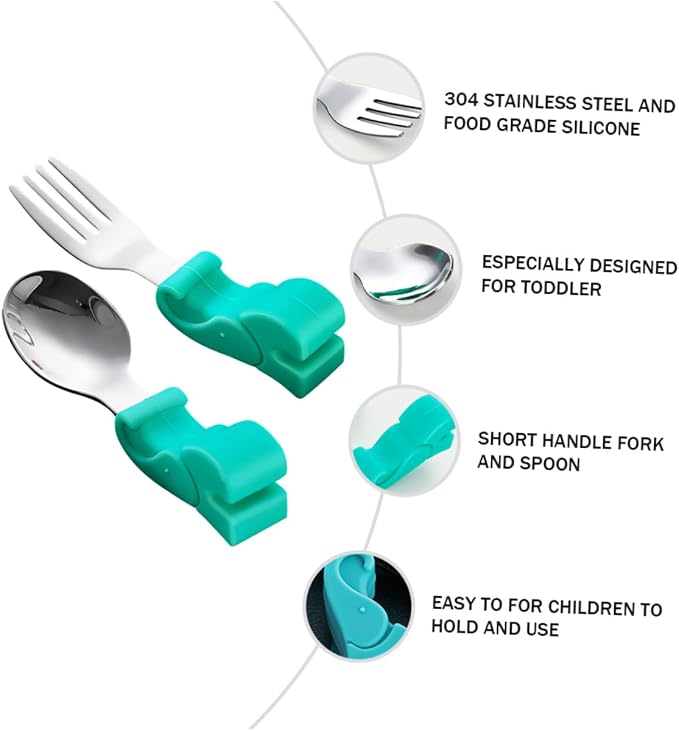 BESPORTBLE Stainless Steel Fork and Spoon with Food Grade Silicone Handles Training Utensils with Storage Case Drop-resistant Tableware for Boys and Safe for Preschoolers and Juniors