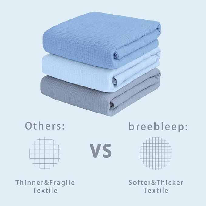 Muslin Swaddle Blankets for Baby Boy - 3 Pack 47x47 Inch Large Receiving Blankets, Soft Breathable Cotton Nursery Swaddles for Newborns, Infant & Todler, Blue