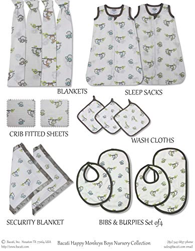 Bacati - Happy Monkeys Muslin Swaddling Blankets Set of 4 (Boys- Blue/Green/Grey/Biege)