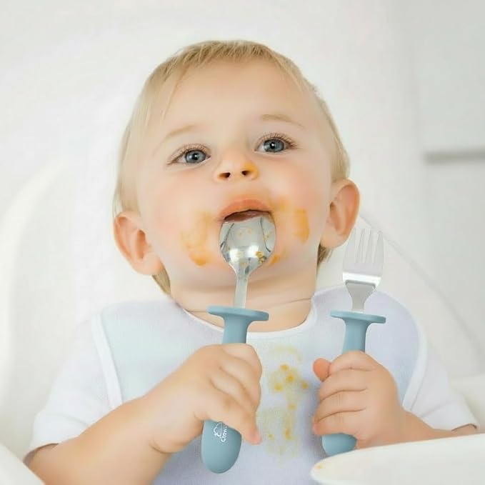 Toddler Stainless Steel Spoon & Fork Set, Non-Slip Silicone Handle, BPA-Free, Self-Feeding (Blue Light)
