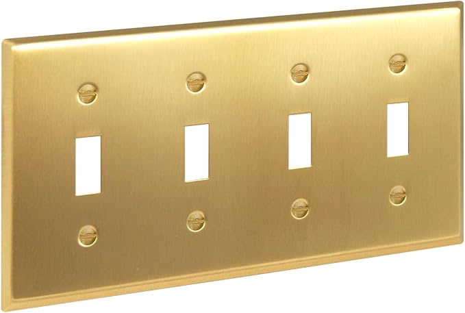 Rio Salto BRASS Signature Collection Brushed Brass Gold Metal Outlet Cover, Decorative Light Switch Cover Plate Wall Plate, Premium, Quad Toggle Flip Switch 4-Gang, 8.13" X 4.50" Standard Size