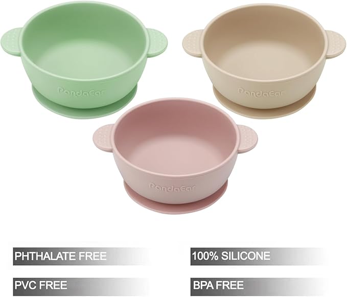 PandaEar 3 Pack Baby Bowls with Suction| Stay Put Silicone Food Bowl for Babies Kids Toddlers Infants| Food Grade Soft Safe BPA-Free Silicone (Pink Green Light Tan)