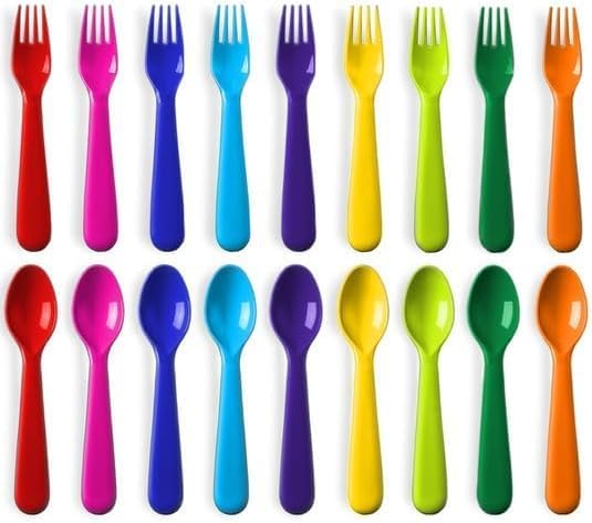 PLASKIDY Toddler Utensils Set of 18 Plastic Kids Utensils Forks and Spoons - BPA FREE/Dishwasher Safe Toddler Flatware Set Brightly Colored Children's Safe Silverewre Cutlery Set