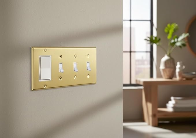 Rio Salto BRASS Metal 4-Gang Gold Outlet Cover or Light Switch Cover Wall Plate, Quad Toggle Rocker Combination Receptacle Wallplate Covers STANDARD SIZE Brushed Brass (3 Toggle 1 Rocker Combo)