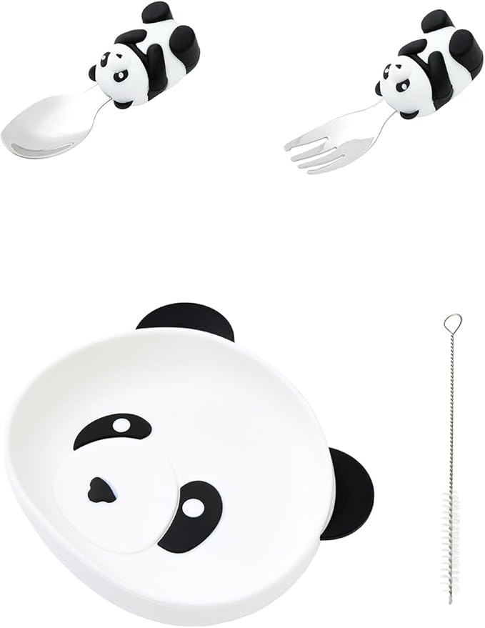 4-Piece Silicone Baby Feeding Set ??Baby Plates with Strong Suction, Toddler Plates Set, Unbreakable Food-Grade Silicone Divided Plate with Spoon, Fork & Straw Brush