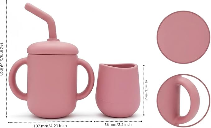 Silicone Training Cups - Drinking Training Straw Cup & Open Weaning Cup for Babies 6-12+ Months, Food-Grade BPA-Free Baby Led Weaning Drinking Set(Rose) (Rose)
