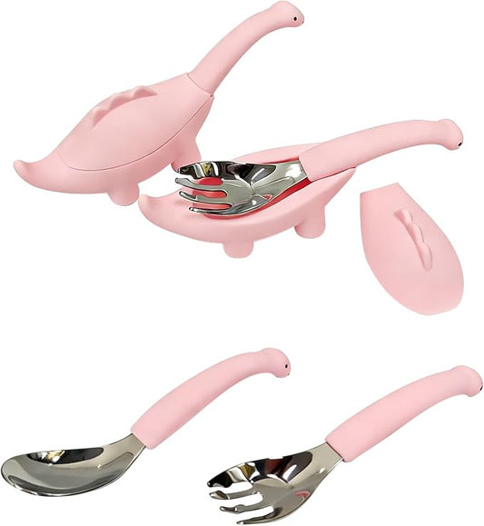 Toddler Utensils 2-Pack, Fork and Spoon Set, 304 Stainless Steel,Pink | Cute Dinosaur Silicone Handles, Easy to Grip