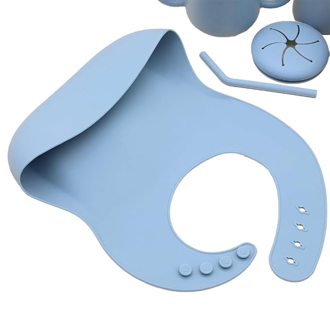 Silicone Baby Feeding Set Whimsy Blue Infant Tableware Collection with Bib Suction Bowl Utensils Straw Cup Snack Container