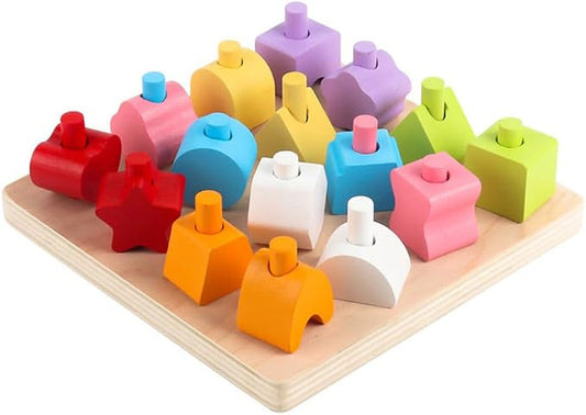 Color Matching Stacking & Sorting Peg Board, Geometric Shape Building Blocks with Activity Cards