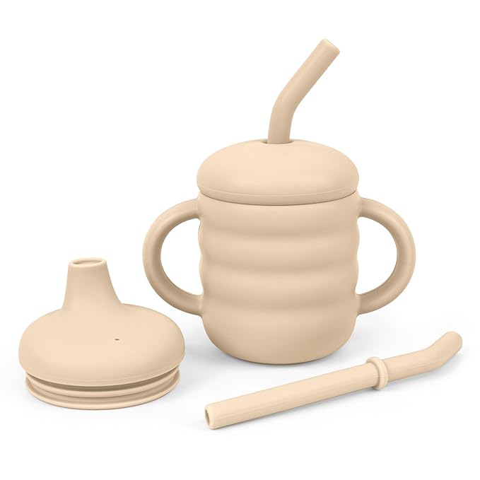 Vaanshie Silicone Baby Sippy Cups | Straw Cup Baby | Toddler Cup with Straw | 3 Stages Training Cup for Infants Toddlers and Kid, 5.4 oz (Beige)