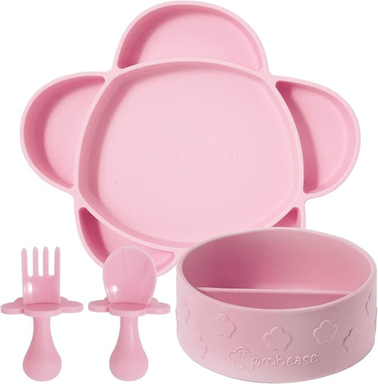 Grabease Silicone Baby Feeding Set - Self-Feeding Support & Baby Bowls with Suction - Ergonomic Toddler Utensils Plates & Utensils Set - Blush, Modern, Round
