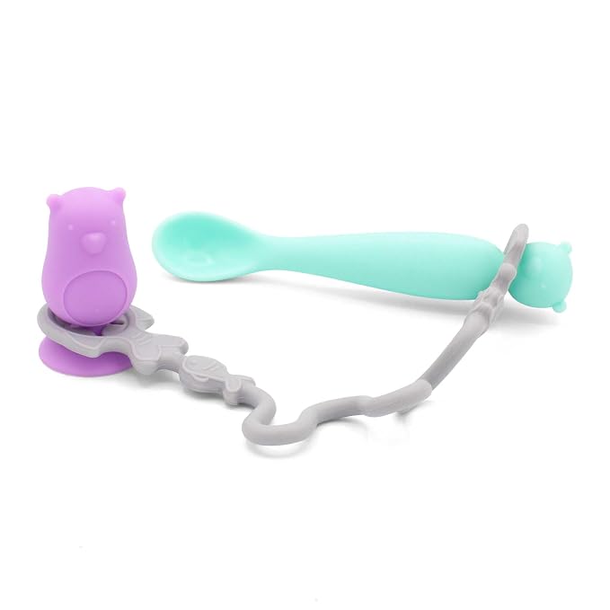 • Easy Learn Baby Spoon & Tether Set • Baby Spoon with Tether for Babies and Toddlers • Keeps Spoon Off Floor • Ages 6 mo+ • Dishwasher Safe (Bear, Plum)