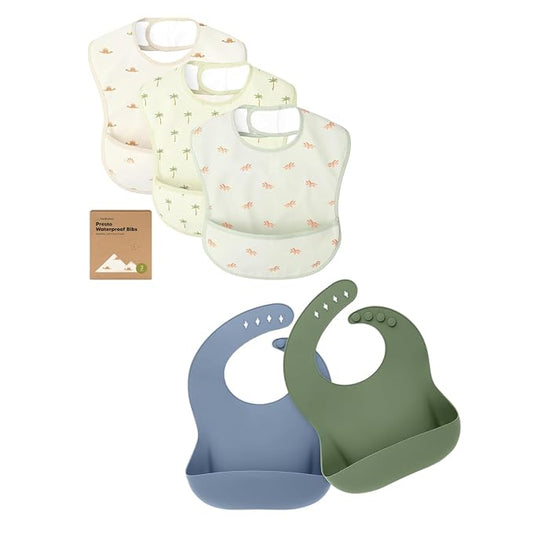 KeaBabies 3-Pack Waterproof Baby Bibs for Eating and 2-Pack Baby Silicone Bibs - Lightweight Bib with Food Catcher - Waterproof, Easy Wipe Silicone Food Catcher for Toddlers
