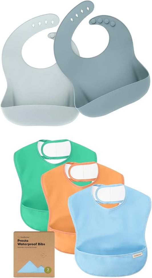 KeaBabies 2-Pack Baby Silicone Bibs and 3-Pack Waterproof Baby Bibs for Eating - Waterproof, Easy Wipe Silicone Bib for Babies, Toddlers - Lightweight Baby Bib with Food Catcher, Mess Proof Bibs