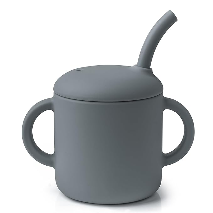 Premium Silicone Baby Straw Cup 6 floz, BPA-Free Food-Grade Silicone Sippy Cup for Infants and Toddlers 6months+, Leak-Resistant, Durable, Easy-Grip Training Design (Gray)