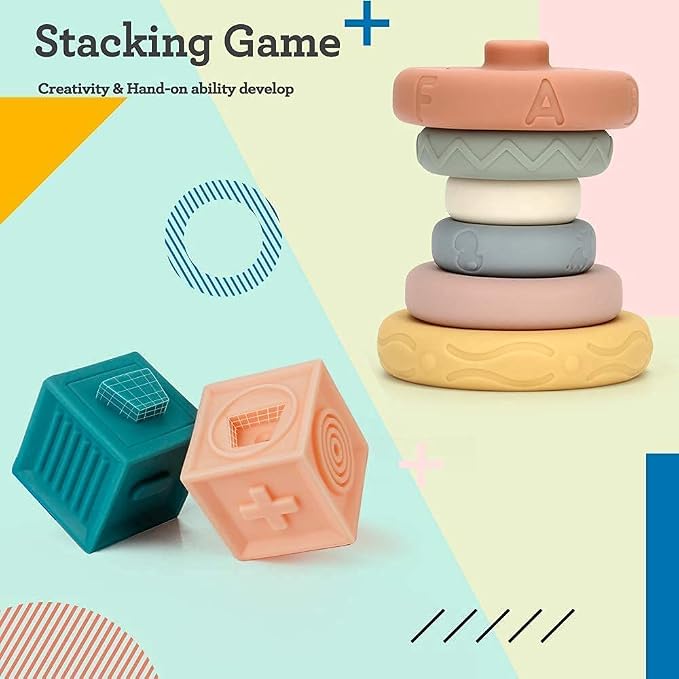 Mini Tudou Baby Blocks & Stacking Rings Toy Set, Baby Sensory Building & Teething Toys Educational Squeeze Play with Animals Shapes Textures Numbers, Holidays for Toddlers Babies 6m+