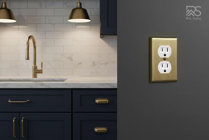 Rio Salto MIDSIZE BRASS Vintage Antique Brushed Brass Gold Metal Duplex Light Switch Cover Outlet Covers ??Signature Collection Premium Wall Plates 1-Pack 3.13" X 4.94"