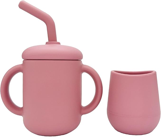 Silicone Training Cups - Drinking Training Straw Cup & Open Weaning Cup for Babies 6-12+ Months, Food-Grade BPA-Free Baby Led Weaning Drinking Set(Rose) (Rose)