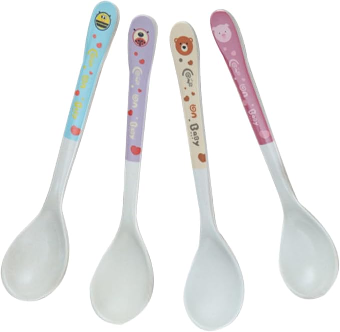 Totority 4Pcs Feeding Spoons with Silicone Heads Ergonomic Training Utensils Fiber Weaning Scoop Tools for Self-feeding
