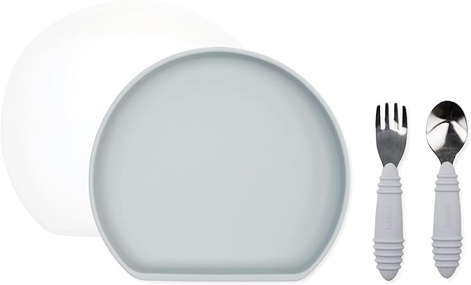 Bumkins - Silicone Grip Plate, Fork & Spoon & Lid - For Ages 18 Months+ - Suction Base - 100% Food-Safe Silicone - Oven, Microwave, Freezer, & Dishwasher Safe - Gray