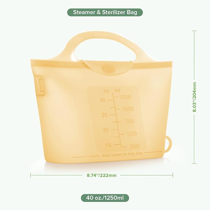 Haakaa On-The-Go Silicone Microwave Steam Sterilizer Bags for Travel, 40oz/1250ml Reusable Silicone Steaming Bags for Baby Bottles, Breast Pump, Accessories, Pacifiers, Teethers, Pineapple/1PC