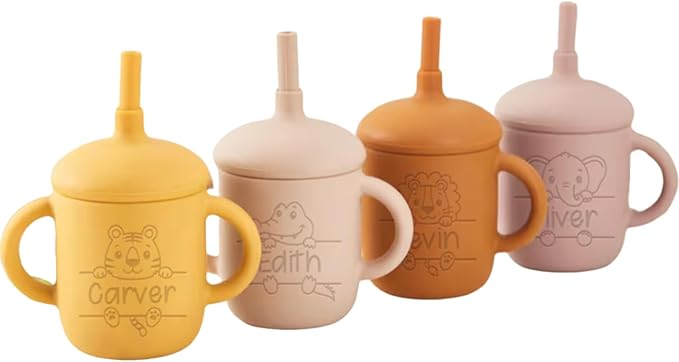 Personalized Silicone Baby Sippy Cup with Straw, Custom Engraved Name Leak-Proof 5oz Toddler Training Cup with Handle & Lid for 6+ Months
