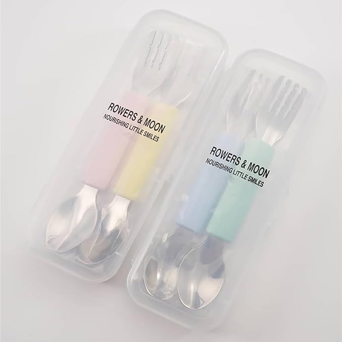 Rowers&Moon Stainless Steel Fork and Spoon Set for Toddlers and Babies, Children's Utensils, BPA-free Silicone Handle, Dishwasher Safe, 2 in 1 Self-Feeding, Travel-Friendly, Portable