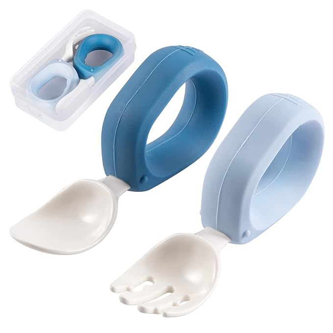 Baby Self Feeding Training Spoon and Fork Set with Travel Case, BPA-Free Cute Circle Toddler Training Utensils, Silicone/ABS Great Tableware Set Spoons Fork for Kids(Blue & Light blue)