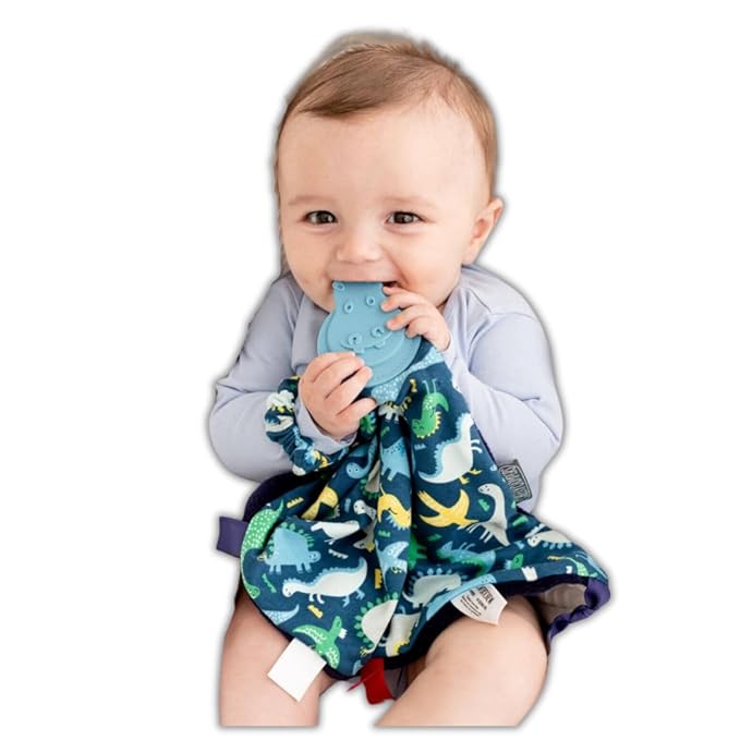 Cheeky Chompers Comfortchew | Baby Lovey with Silicone Teether & Sensory Tags | Soft Fleece Material, Attachable Loop, Machine Washable | (Baby Dino)