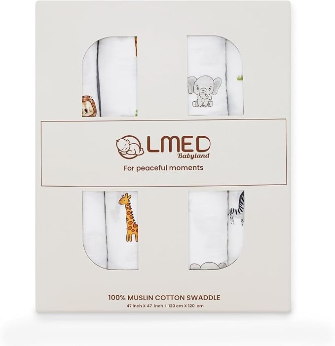 100% Muslin Cotton Swaddle Blankets, Pack of 4, 47 x 47 inches (120 cm x 120 cm), Ultra-Soft, Breathable, Hypoallergenic, Lion/Elephant/Giraffe/Zebra Designs