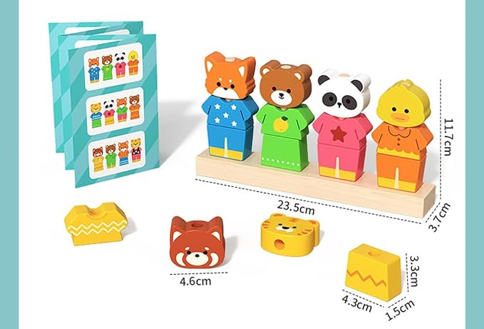 Wooden Animal Dress Up Peg Stacking Toy, Mix & Match Outfit Matching Game with Guide Cards