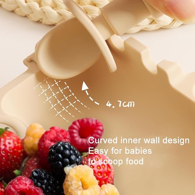 Baby Suction Plate Silicone, 5 Piece Baby Feeding Set - Non Slip Unique Trains Toddler Plates with Fork Spoon, Kids Baby Weaning Plate for No More Meal Time Mess (Beige)