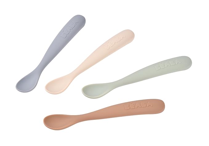 BEABA First Stage Baby Feeding Spoon Set, The Original Soft Tip Silicone Spoons for Babies, Gum Friendly BPA Lead Phthalate and Plastic Free, Great Gift Set (4 Pack), Natural