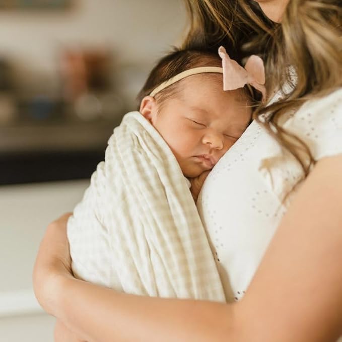 Little Unicorn Premium Stretch Knit Swaddle Blanket | Super Soft with Optimal Stretch & Breathability for swaddling (Tan Gingham)