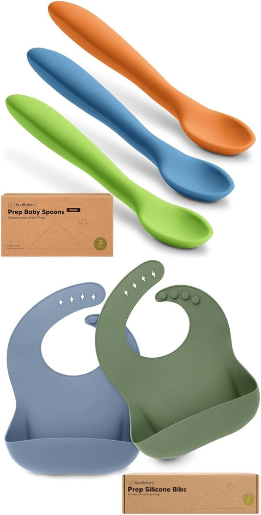 KeaBabies 3-Pack Silicone Baby Spoons and 2-Pack Baby Silicone Bibs - Toddler First Food Training Spoon - Waterproof, Easy Wipe Bib for Boys, Girls, Toddlers