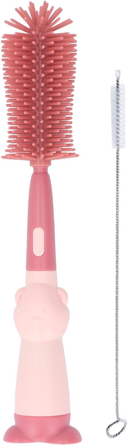 Kids Bottle Brush Set, 360 Degree Rotation Silicone Odorless Bottle Brush Cleaner for Cup (Red)
