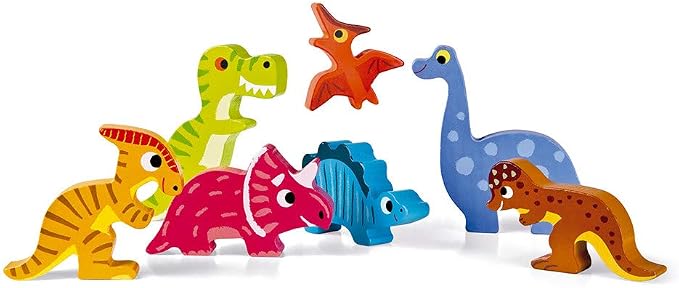 Janod - Dinosaur Chunky Puzzle 7 Pieces - Toddler Playtime - Enhances Motor Skills - Durable Wooden Design - Stimulates Imagination, Vibrant Colors, Educational French Design - J07054