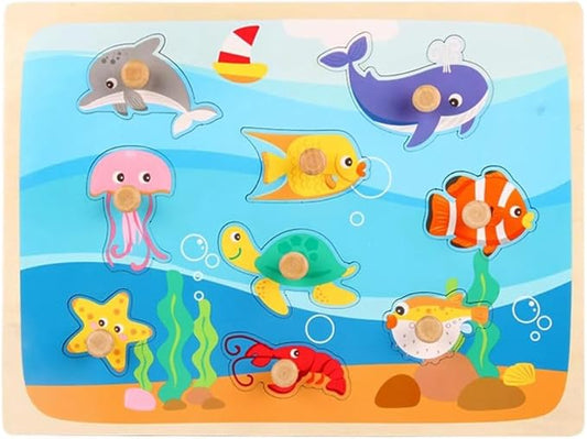 Wooden Peg Puzzle Underwater World Theme for Toddlers, Montessori Fine Motor Skill Development Puzzle
