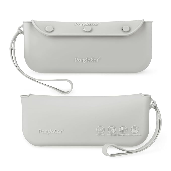 PandaEar 4 Pack Pacifier Holder Case Set, 2 Pack Silicone Portable Travel Pacifier Pouch & 2 Pack Silicone Baby Cutlery Holder Bags, BPA Free, Universal Accessories Holders (Light Blue,Grey)