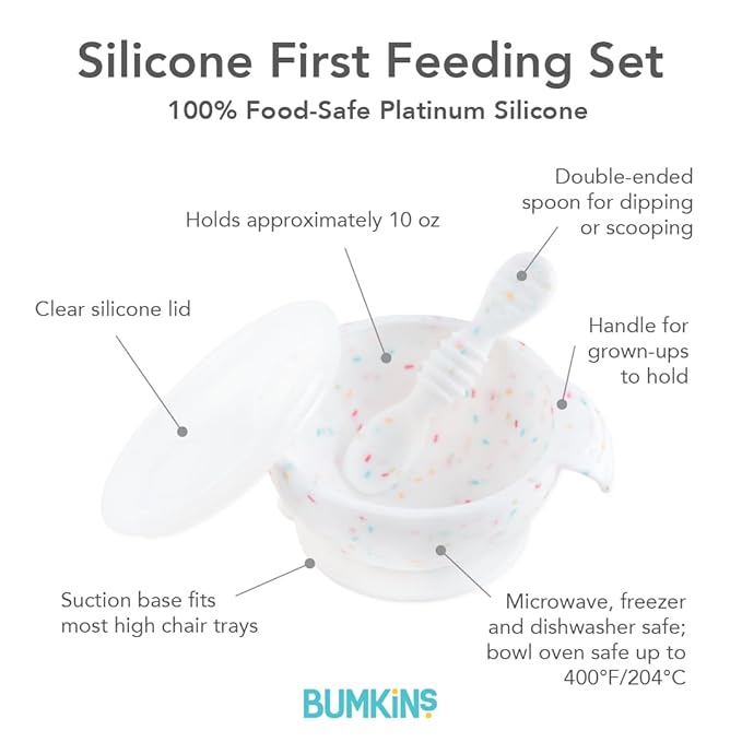 Bumkins Baby Bowls, Silicone Baby Feeding Set, Suction Bowls for Baby and Toddler with Spoon and Lid, First Feeding Set, Platinum Silicone Bowl for Babies 4 Months
