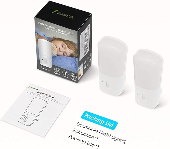 L LOHAS LED Dimmable Night Light[2 Pack], Plug in Night Lights with Dusk to Dawn Sensor, Daylight 5000k from 5-80 LM Brightness Adjustable, Bright Mini Wall Nightlight for Kids Room, Stairway